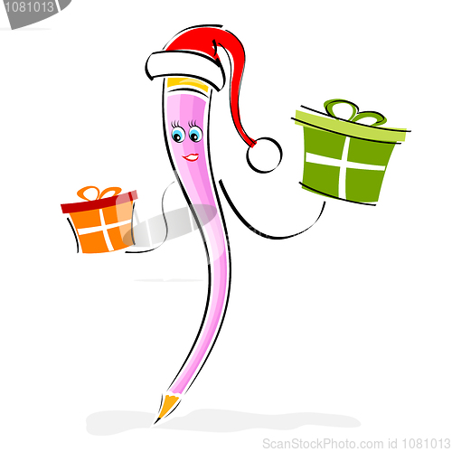 Image of pencil character with santa cap and gifts