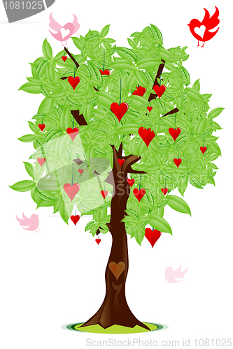 Image of love bird flying around tree with heart