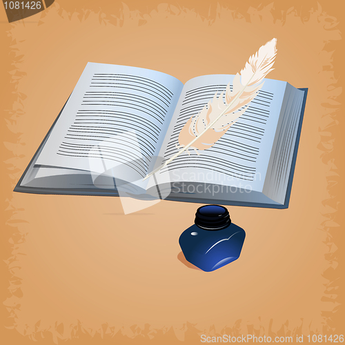 Image of feather pen with open book