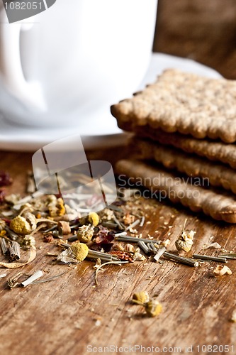 Image of  fresh herbal tea and some cookies