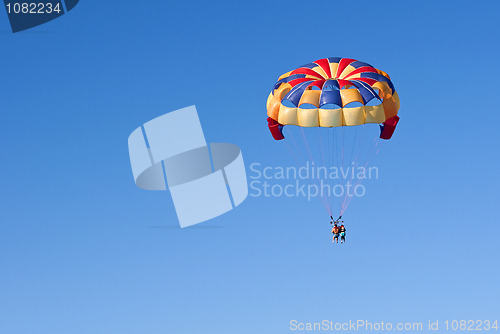 Image of Parasailing under blue sky.