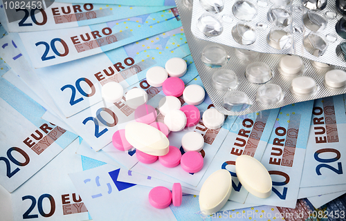 Image of Few pills over Euro money