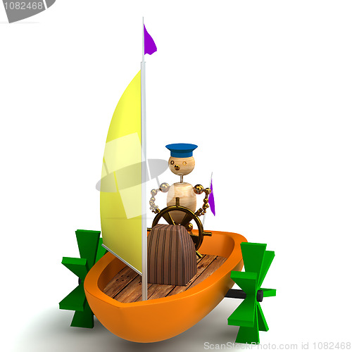 Image of 3d wood man on toy boat isolated on white