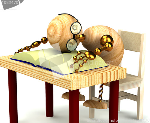 Image of 3d wood man sleeping on the book isolated on white