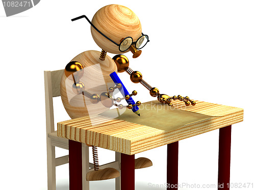 Image of 3d wood man is writing a letter isolated