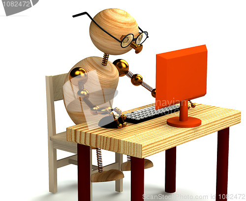 Image of 3d wood man working at computer