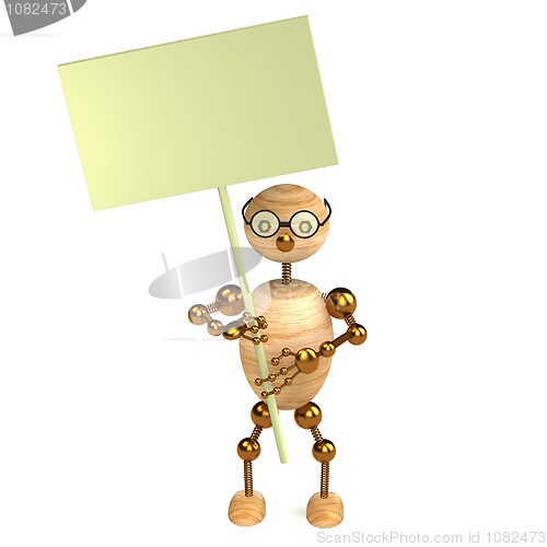 Image of 3d wood man with a blank board isolated