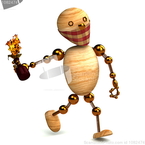 Image of 3d wood man with a molotov cocktail isolated