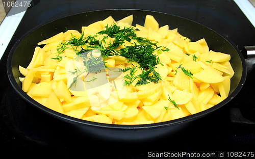 Image of Sliced raw potatoes on frying pan