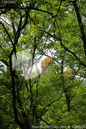 Image of View of the golden domes of Orthodox cathedral through the foliage