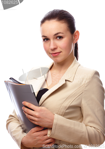 Image of Young brunette woman with folders