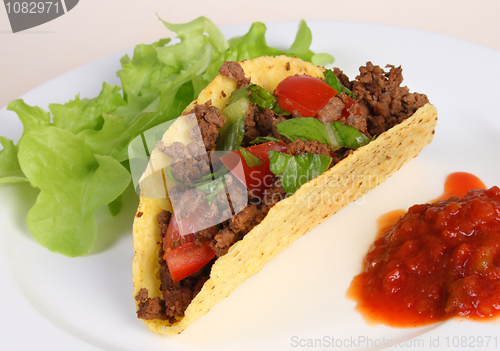 Image of Taco on plate with salsa and lettuce