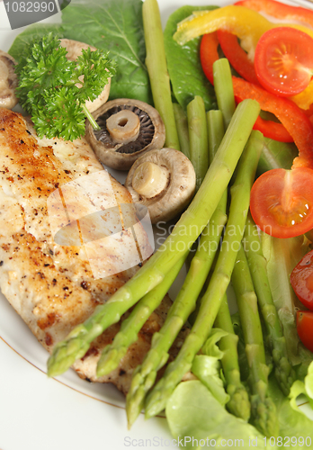 Image of Fried fish and asparagus high angle vertical