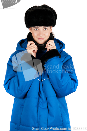 Image of Girl at blue quilted coat