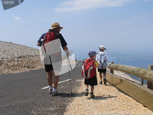 Image of Father and sons on top of Mont Ventoux, France.