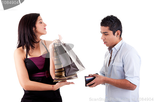 Image of woman with shopping bags and man opened his wallet