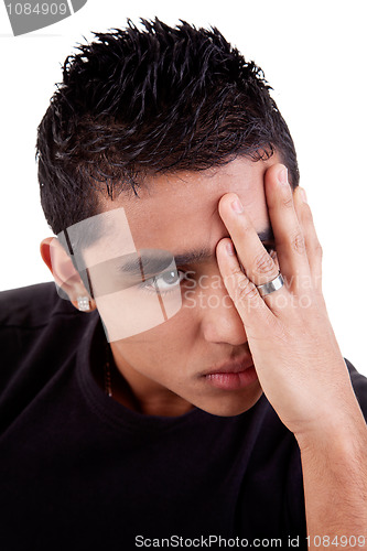 Image of young latin man, pensive, with his hand on front of eyes