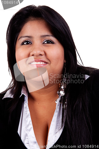 Image of happy and casually dressed large  latin woman