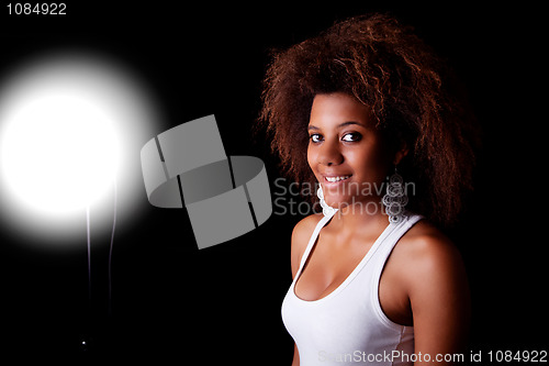 Image of beautiful black  woman, smiling, noise added