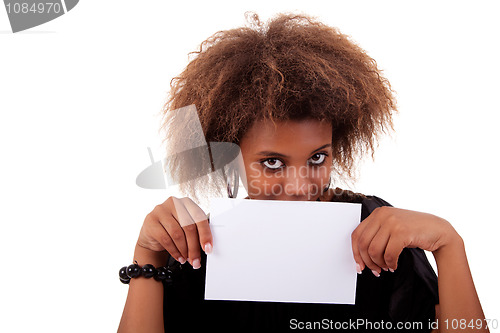 Image of beautiful black woman person with blank business card in hand