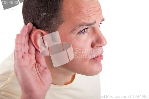 Image of man, listening, viewing the  gesture of hand behind the ear