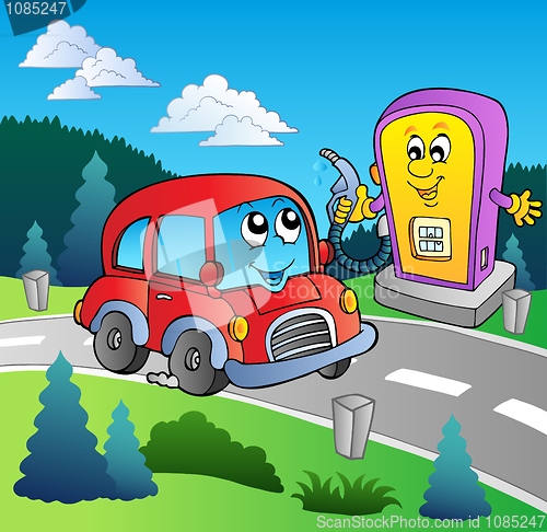 Image of Cute car at cartoon gas station