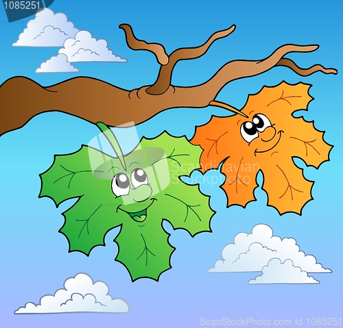 Image of Two cartoon autumn leaves on sky