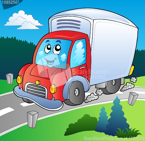 Image of Cartoon delivery truck on road