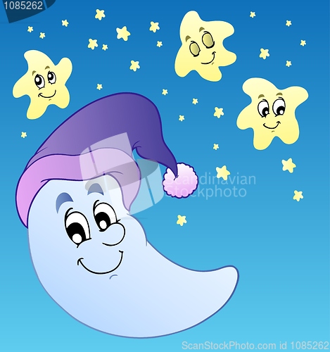 Image of Sky with cute Moon in sleeping hat