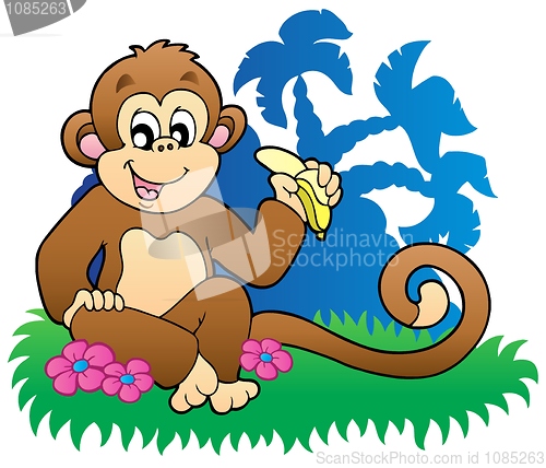 Image of Monkey eating banana near palms