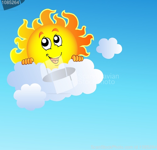 Image of Sun holding cloud on blue sky