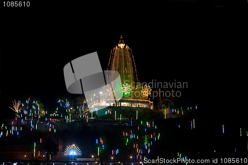 Image of Buddhist temple in Thailand decorated with lights