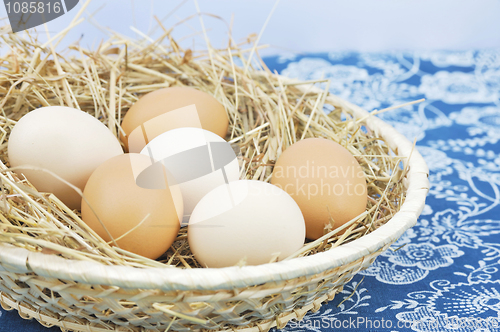 Image of Fresh farm eggs in scuttle with hay