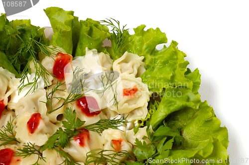 Image of Ravioli with greens sour cream and ketchup dish isolated