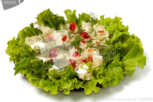 Image of Ravioli with greens sour cream and ketchup dish isolated