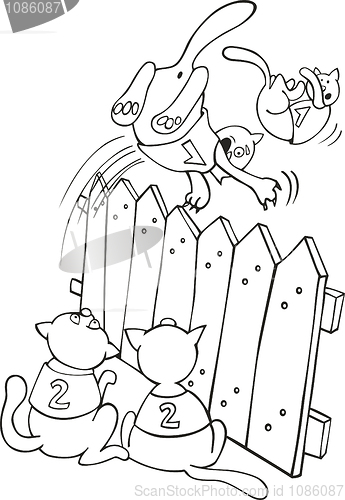 Image of Cats jumping above the fence for coloring book
