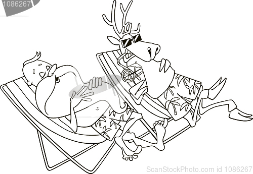 Image of santa and reindeer having a rest for coloring