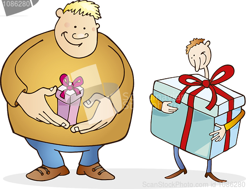 Image of Big man with small gift and thin guy with huge one