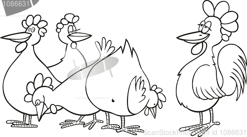 Image of Rooster and hens for coloring book