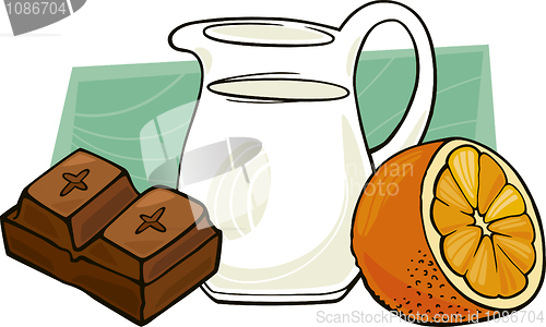 Image of chocolate with pot of milk and orange