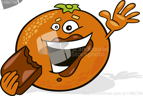 Image of cartoon orange eating chocolate