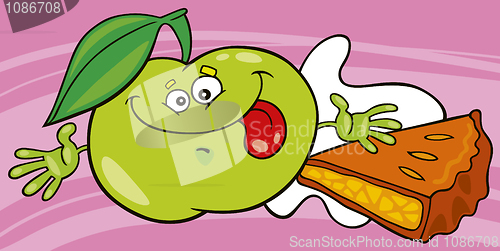 Image of funny apple with pie and milk