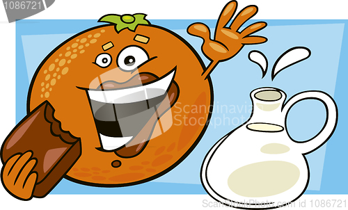 Image of funny orange eating chocolate and pot of milk