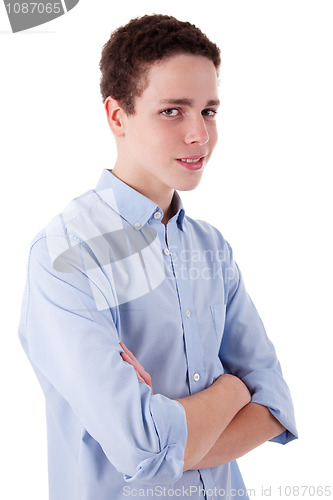 Image of cute boy, smiling and looking to camera