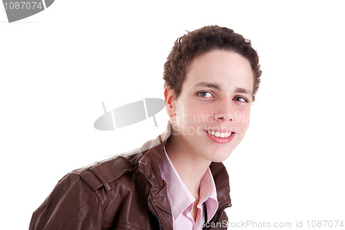 Image of teen smiling and looking to camera, isolated on white