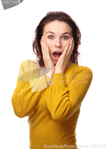 Image of Girl holding her face in astonishment
