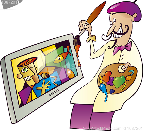 Image of Painter painting on tv set