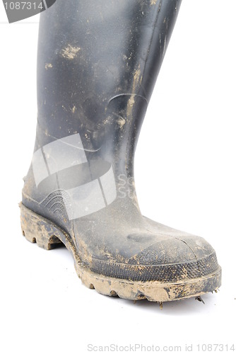 Image of Black rubber boot on white