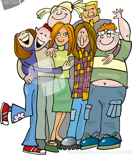 Image of School teens group giving a hug