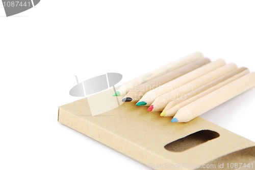 Image of Colour pencils and pencil case on white